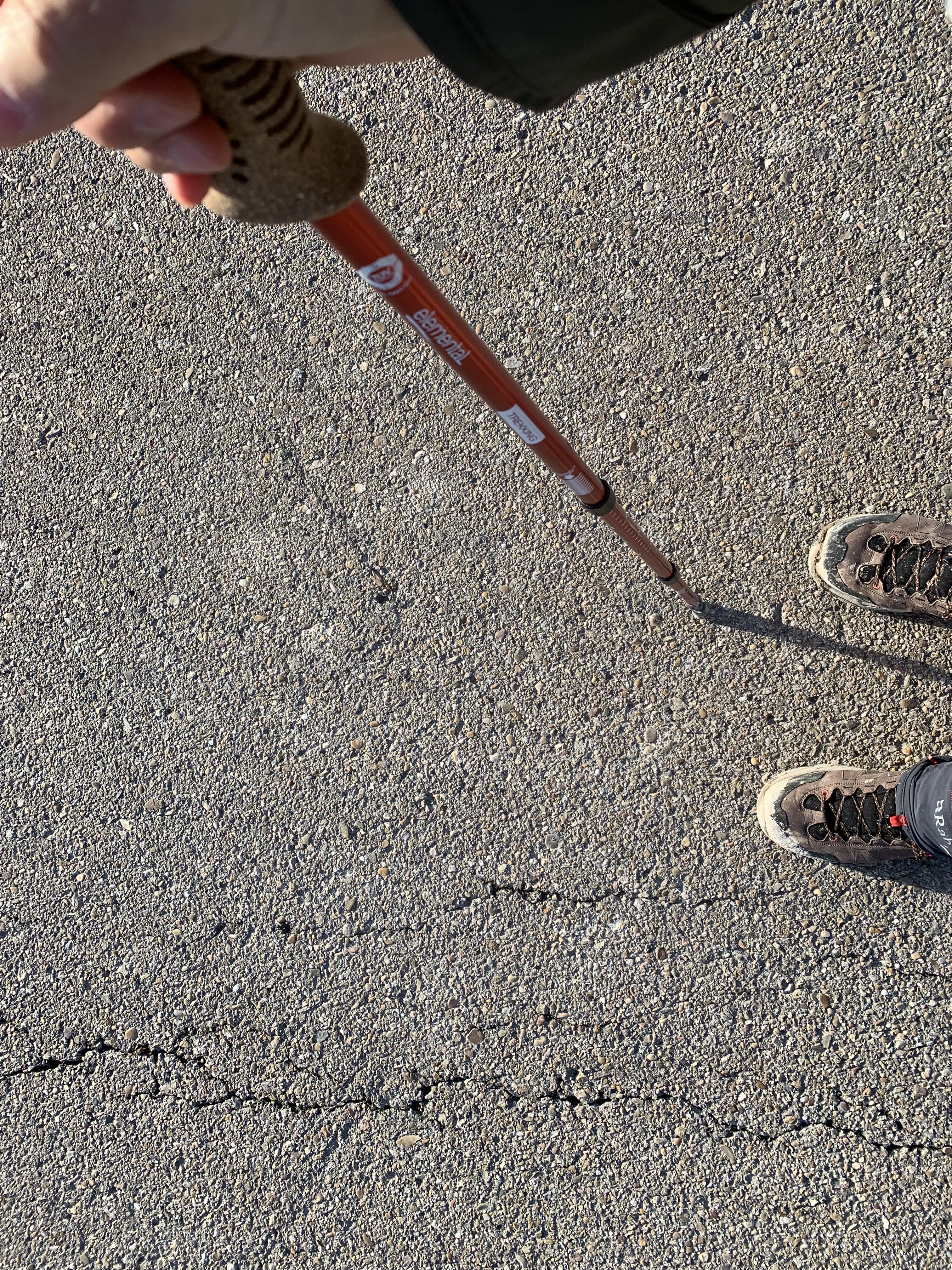 A close-up of a walking pole held in one hand, with the ground and a hiking boot visible in the frame.