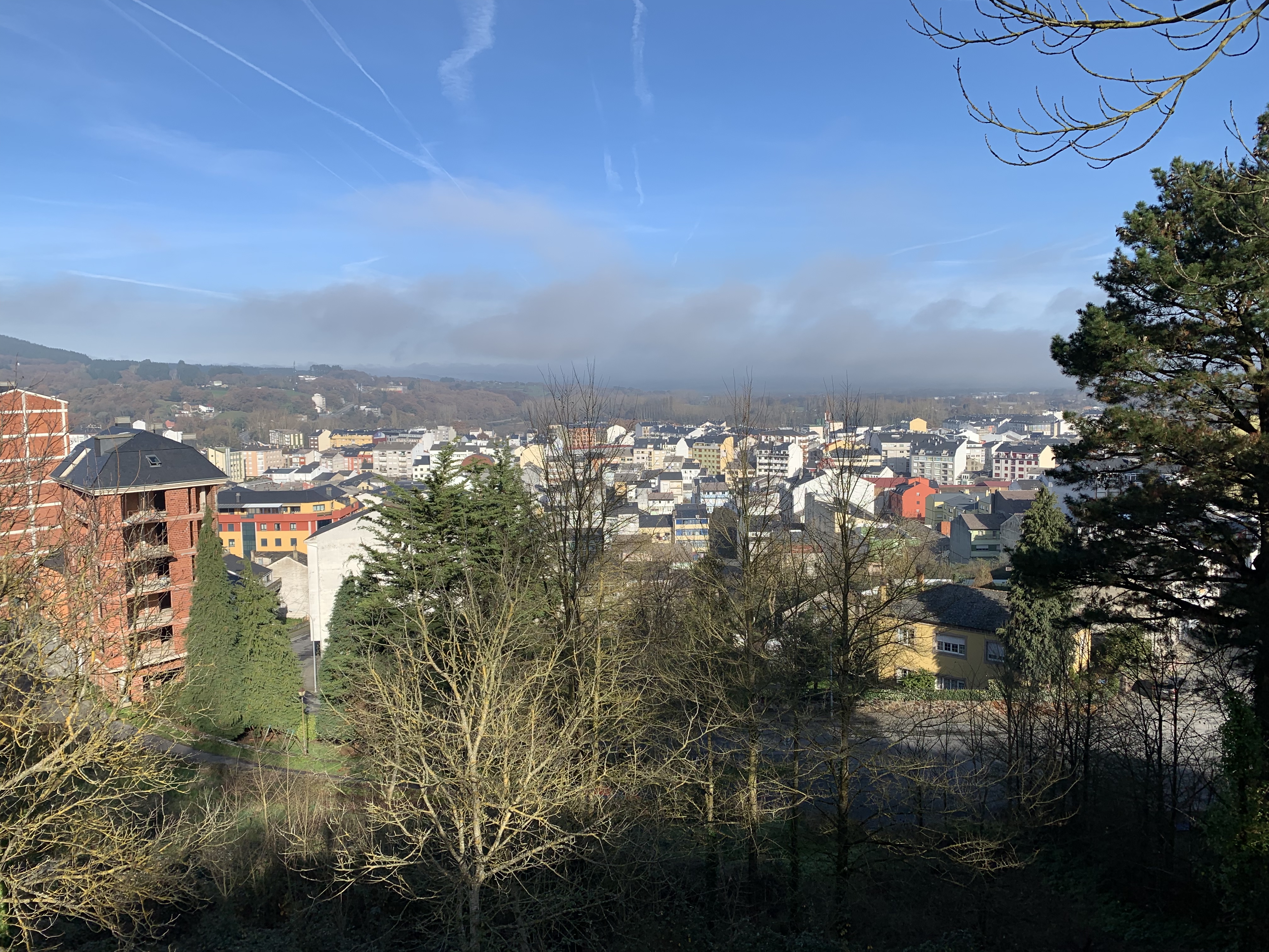 A panoramic view of a city with a mix of buildings and trees, under a clear blue sky and a hint of mist in the distance.